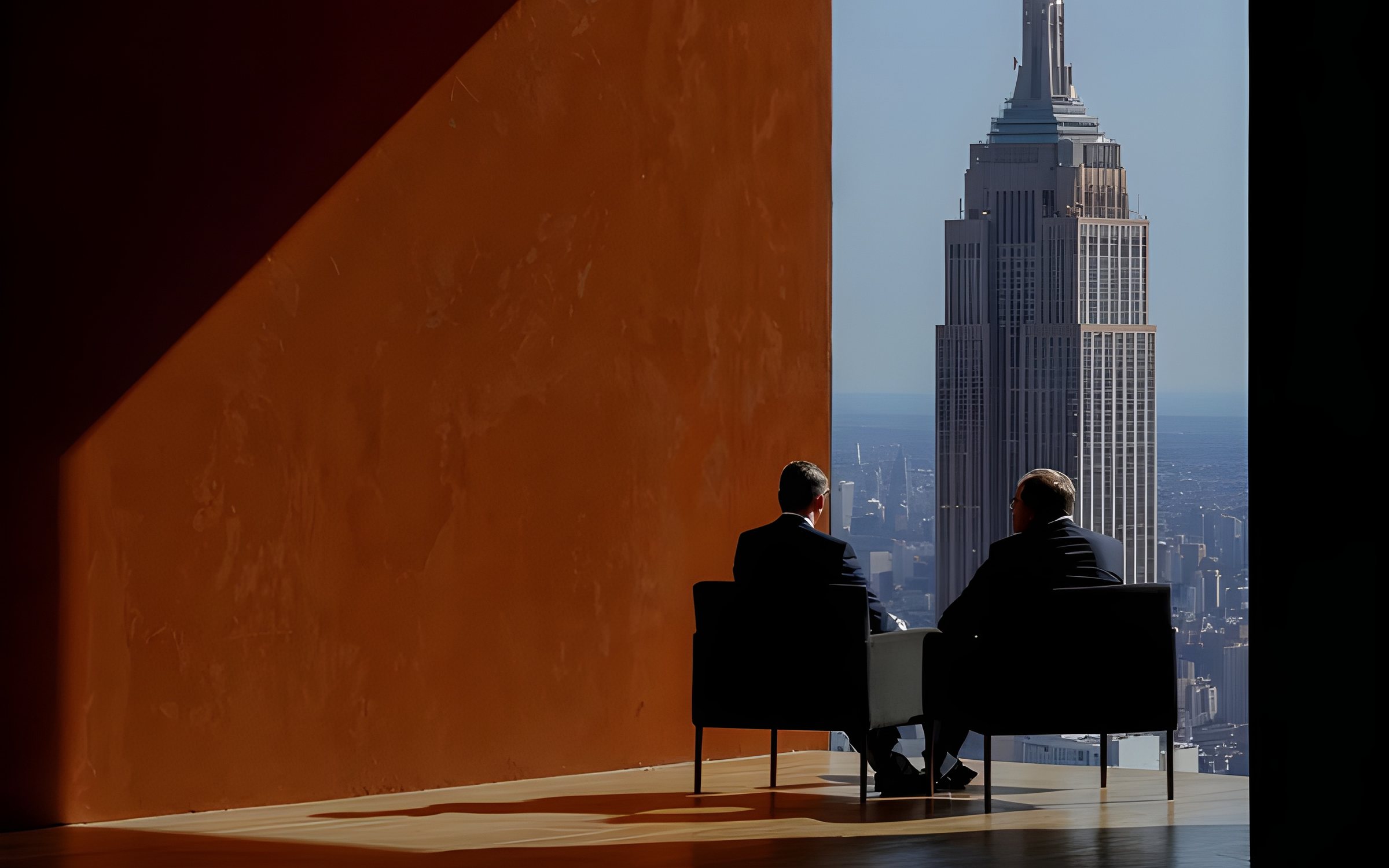 Two people in conversation overlooking the city