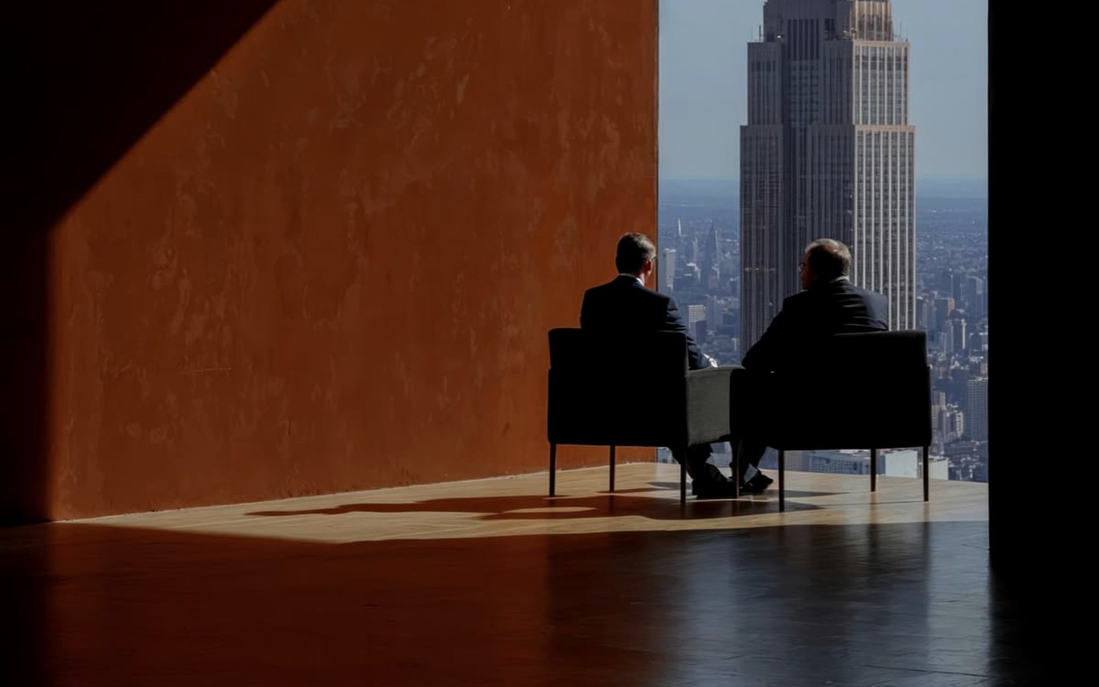 Two people in conversation overlooking the city